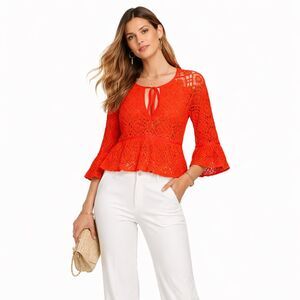 Cinq a Sept Crochet Top Womens 8 Orange Bell Sleeve Boho NWT